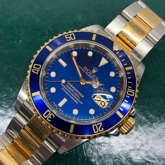 2001 Rolex Submariner 16613 Blue Two Tone Oyster Steel 18K Gold Wristwatch - HASHTAGWATCHCO