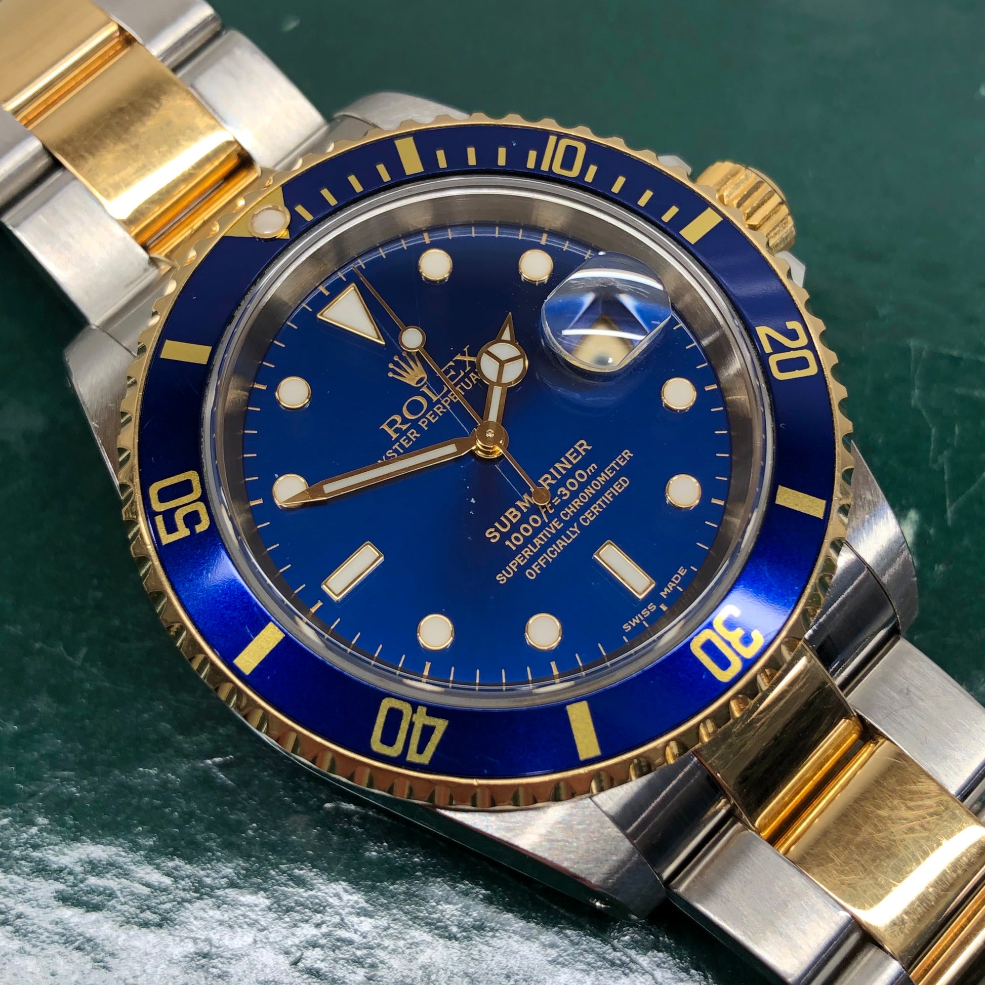 2001 Rolex Submariner 16613 Blue Two Tone Oyster Steel 18K Gold Wristwatch - HASHTAGWATCHCO