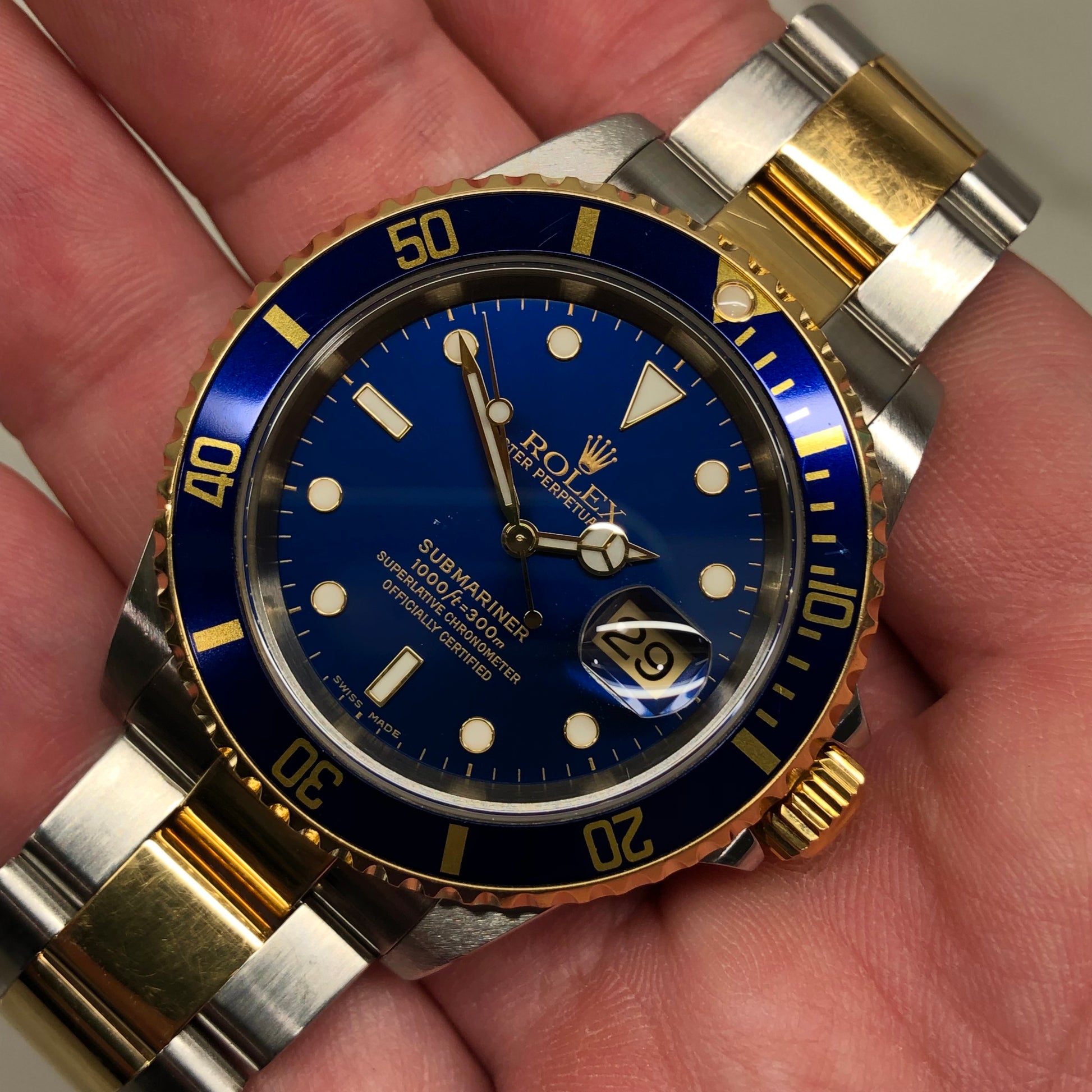 2001 Rolex Submariner 16613 Blue Two Tone Oyster Steel 18K Gold Wristwatch - HASHTAGWATCHCO