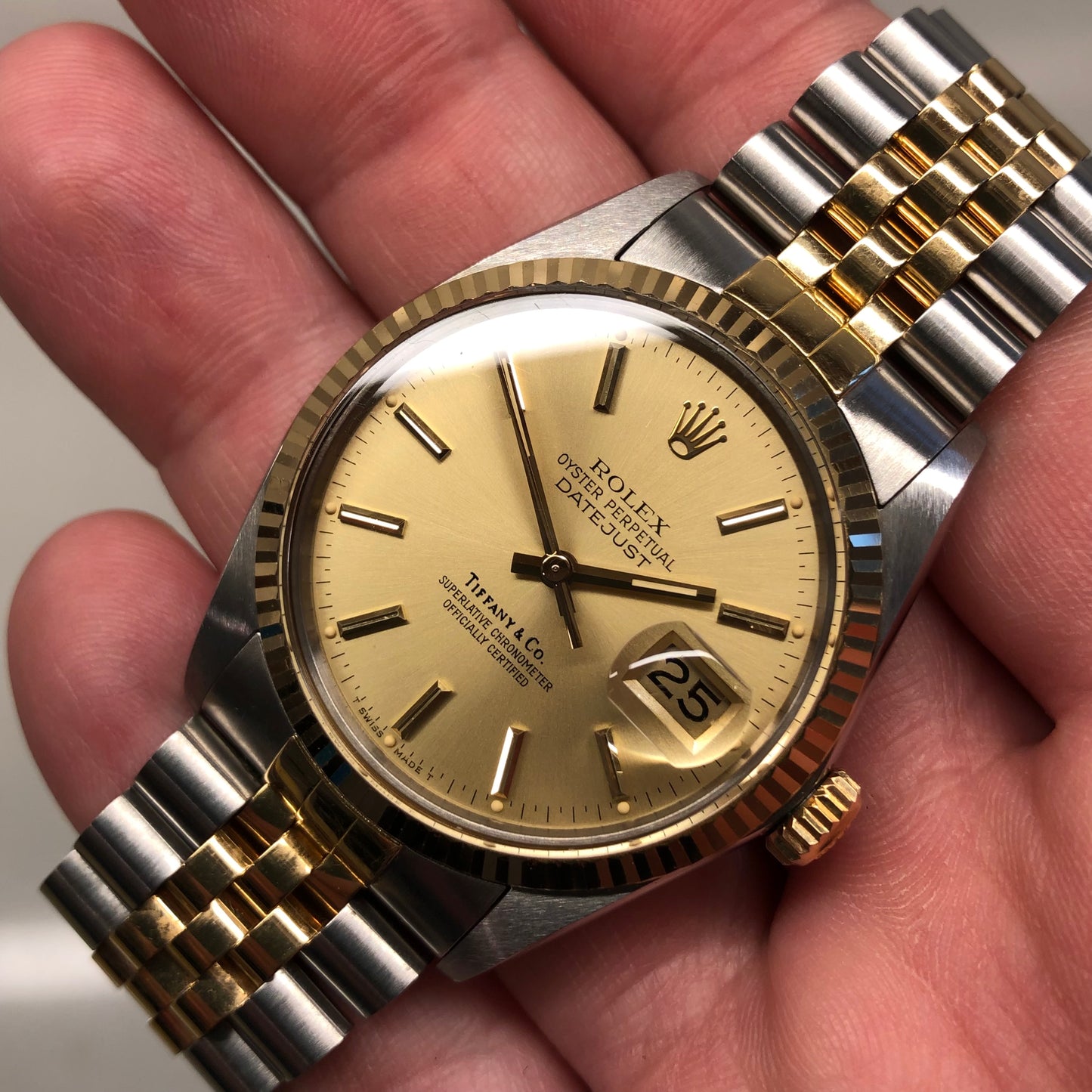 1986 Rolex Datejust 16013 Two Tone Tiffany & Co. Champagne Dial Jubilee Automatic Wristwatch - HASHTAGWATCHCO