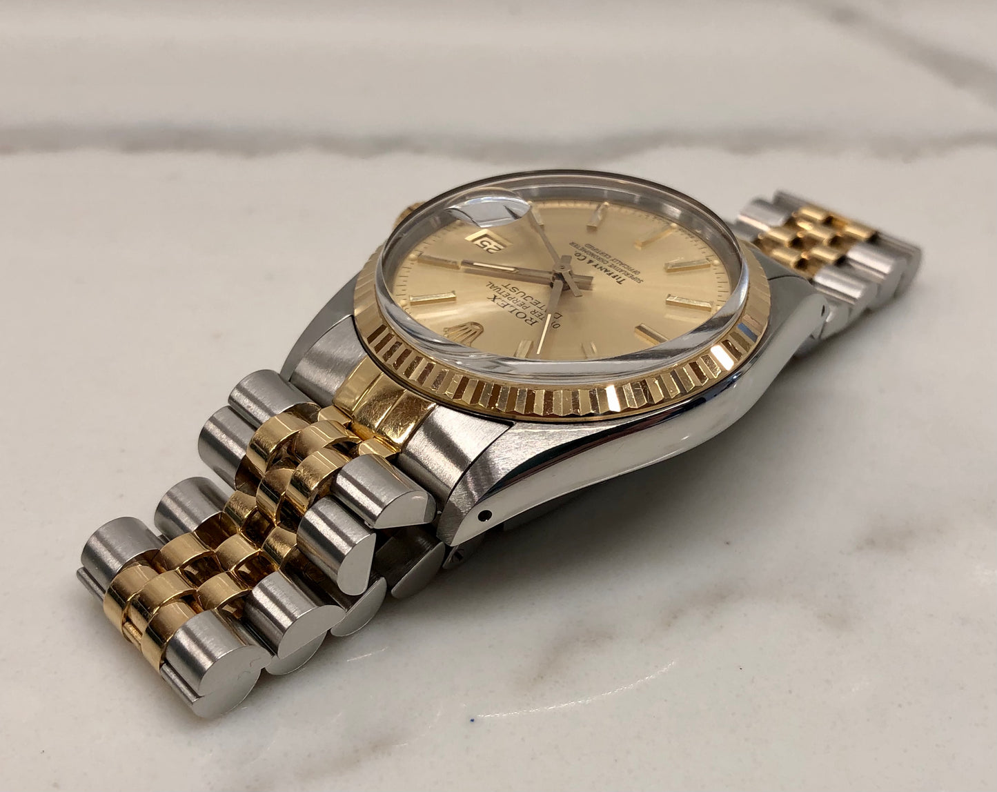 1986 Rolex Datejust 16013 Two Tone Tiffany & Co. Champagne Dial Jubilee Automatic Wristwatch - HASHTAGWATCHCO