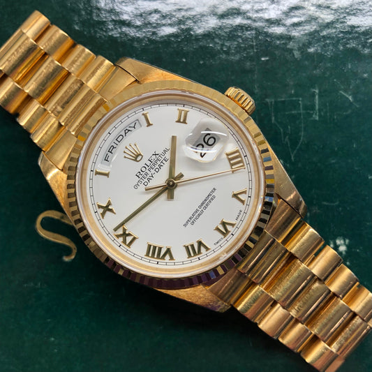 1999 Rolex President 18238 Day Date 18K Yellow Gold White Roman Automatic Wristwatch - HASHTAGWATCHCO
