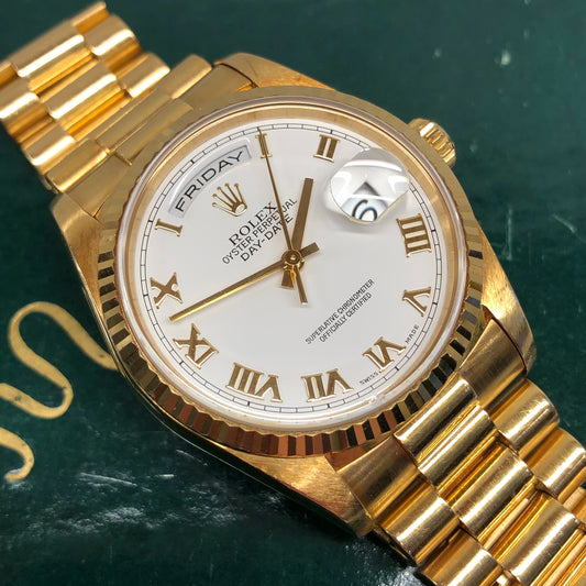 1999 Rolex President 18238 Day Date 18K Yellow Gold White Roman Automatic Wristwatch - HASHTAGWATCHCO