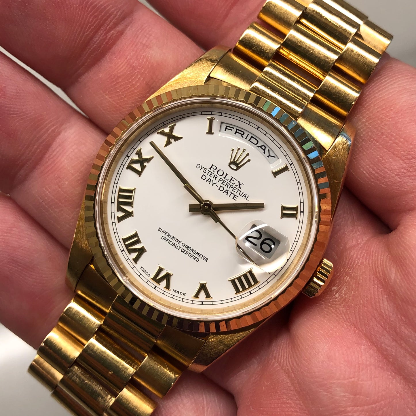 1999 Rolex President 18238 Day Date 18K Yellow Gold White Roman Automatic Wristwatch
