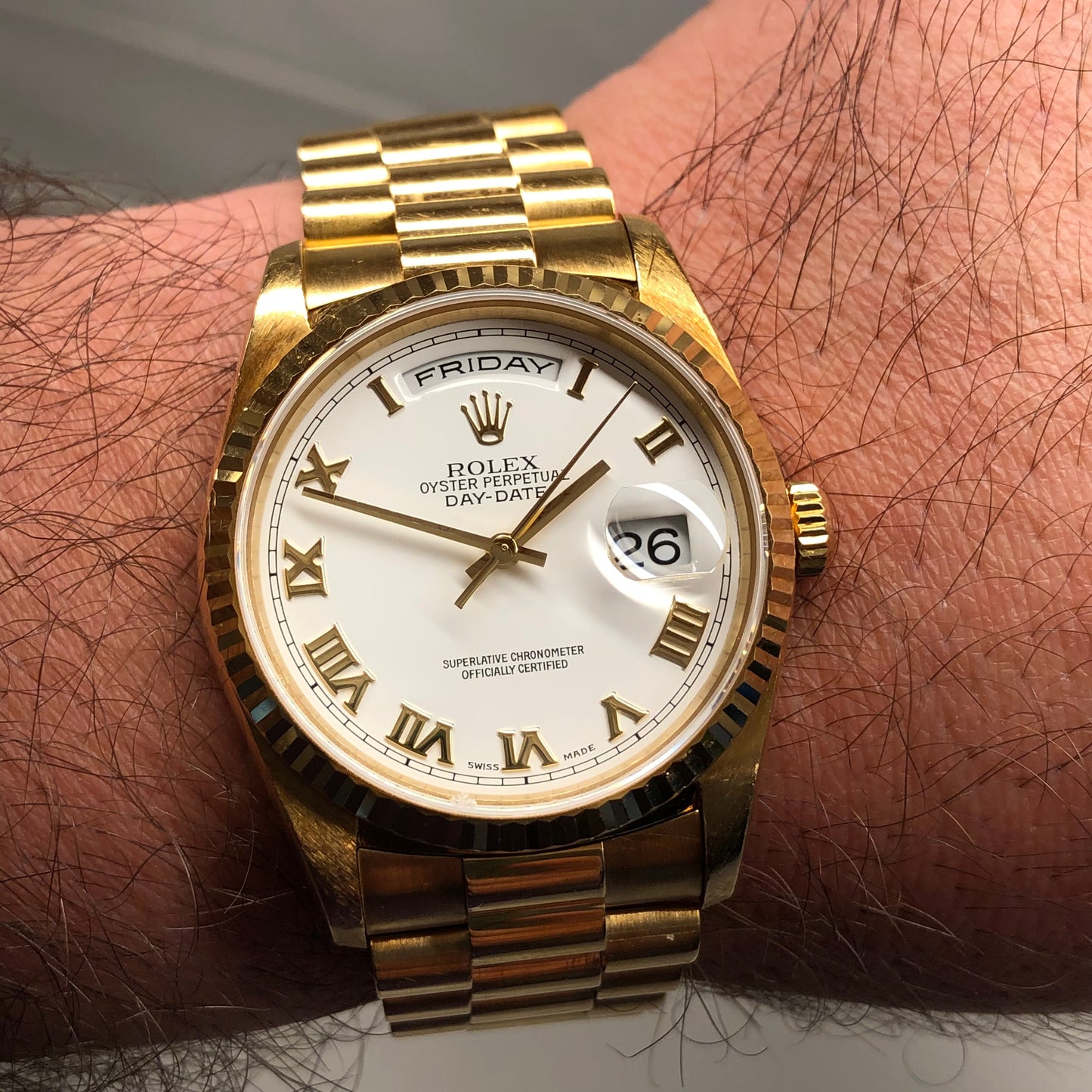 1999 Rolex President 18238 Day Date 18K Yellow Gold White Roman Automatic Wristwatch