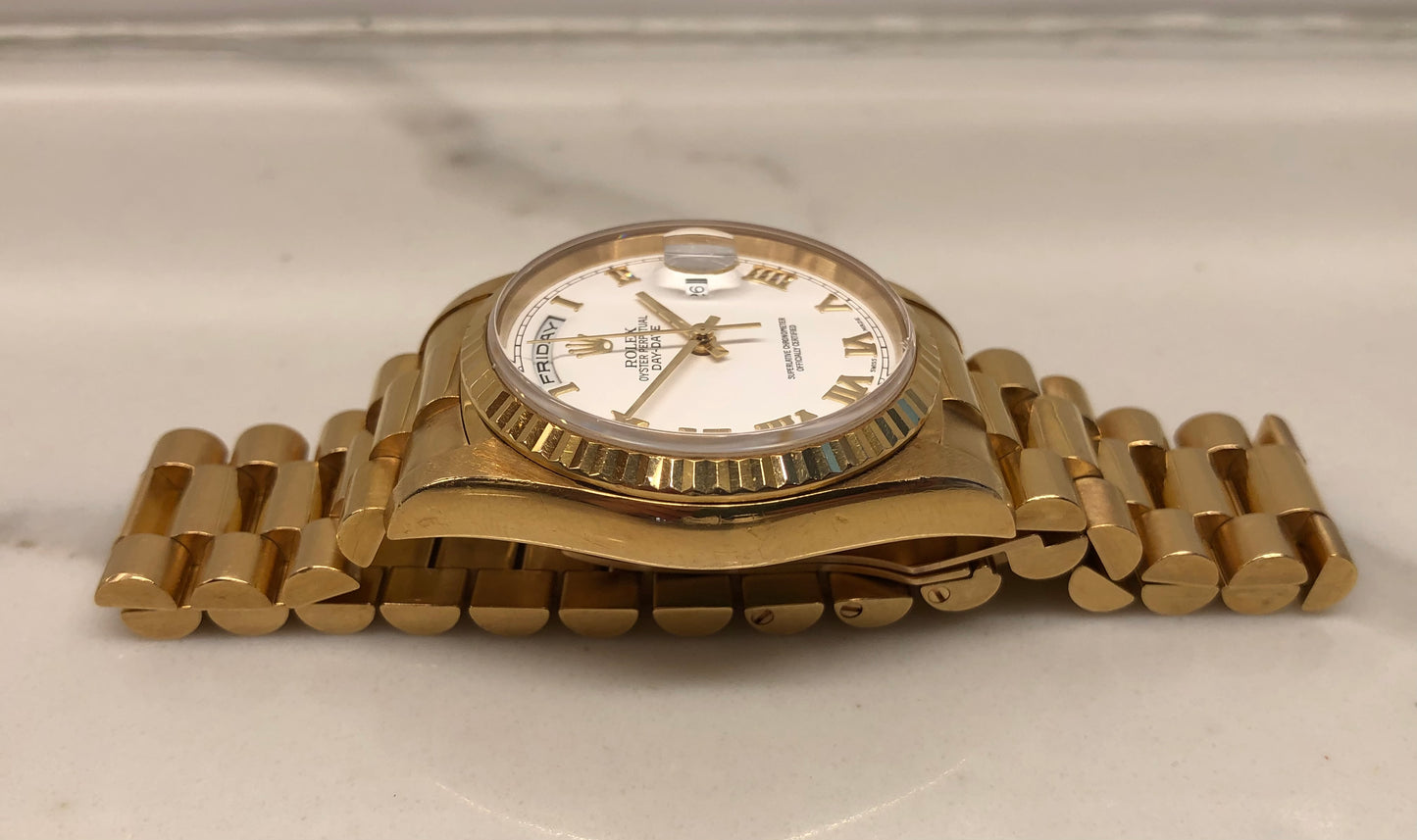 1999 Rolex President 18238 Day Date 18K Yellow Gold White Roman Automatic Wristwatch