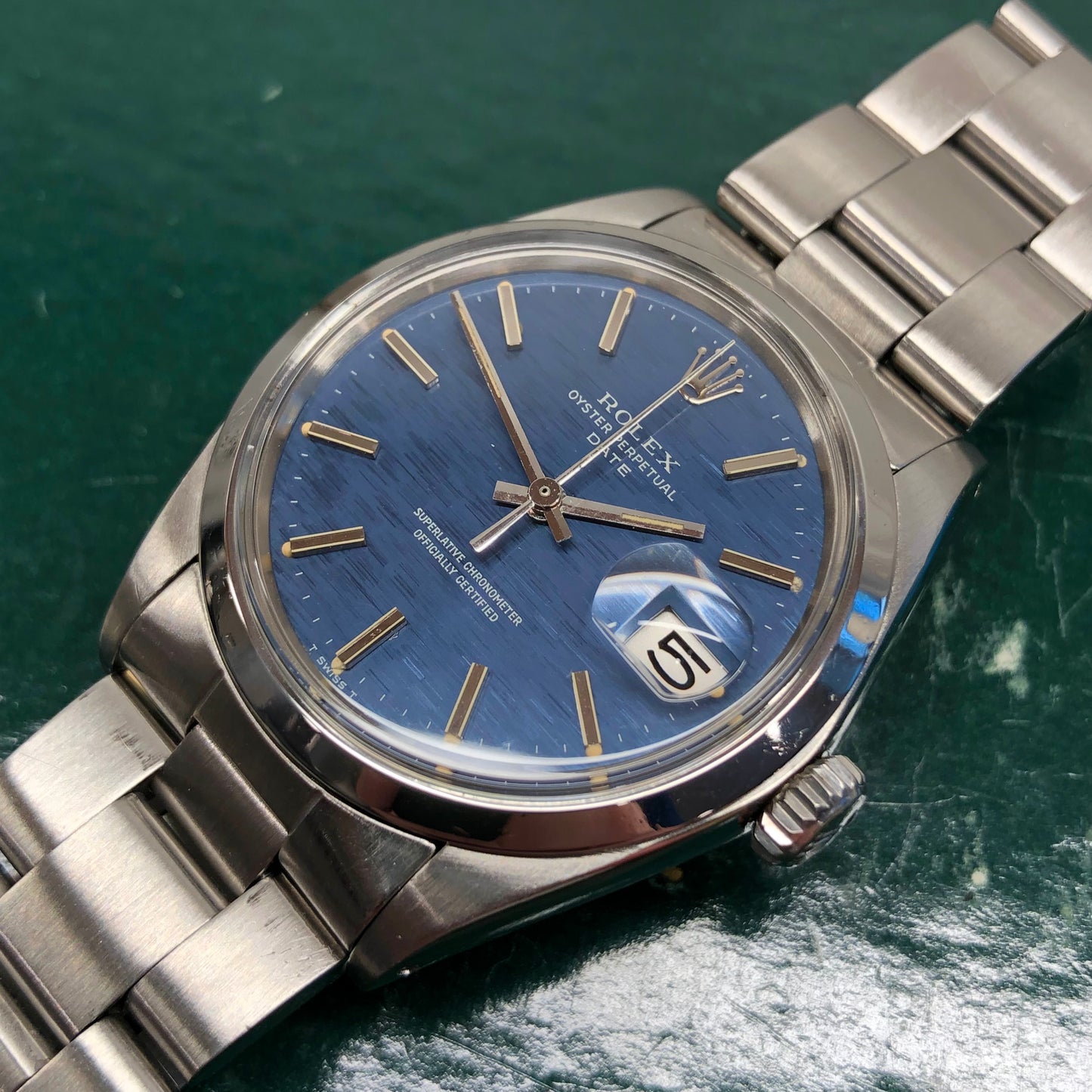 1970 Rolex Date 1500 Oyster Perpetual Blue Mosaic Dial Steel Automatic Wristwatch
