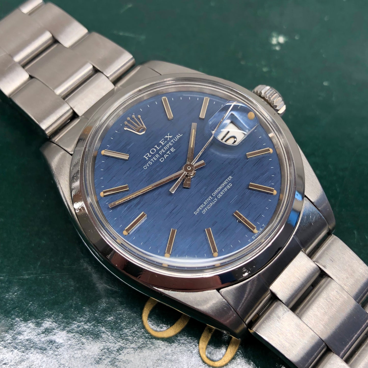 1970 Rolex Date 1500 Oyster Perpetual Blue Mosaic Dial Steel Automatic Wristwatch