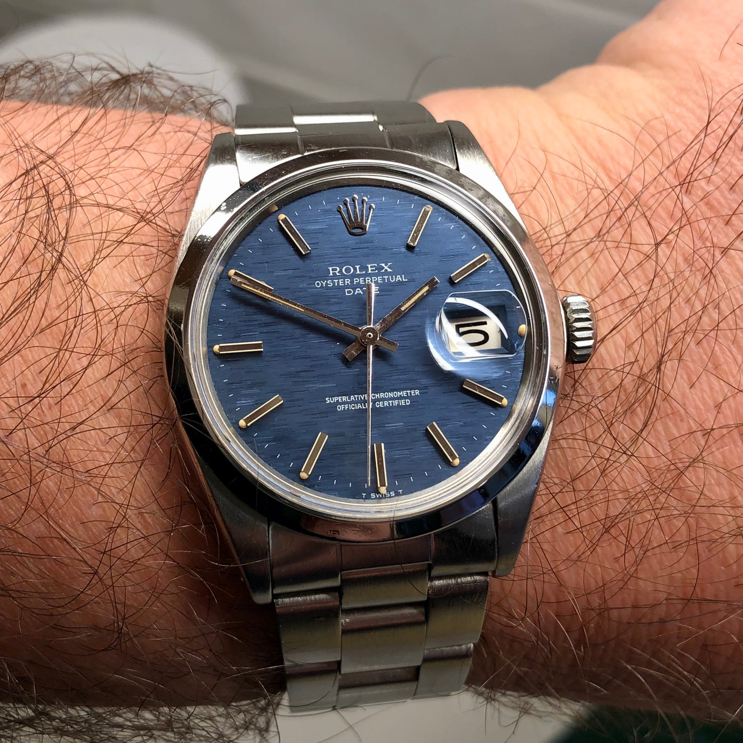 1970 Rolex Date 1500 Oyster Perpetual Blue Mosaic Dial Steel Automatic Wristwatch