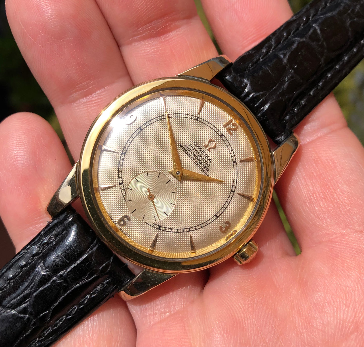 1947 Omega 2493-1 Chronometer Gold Cap Waffle Dial Caliber 333 Automatic Dress 36mm Wristwatch - HASHTAGWATCHCO