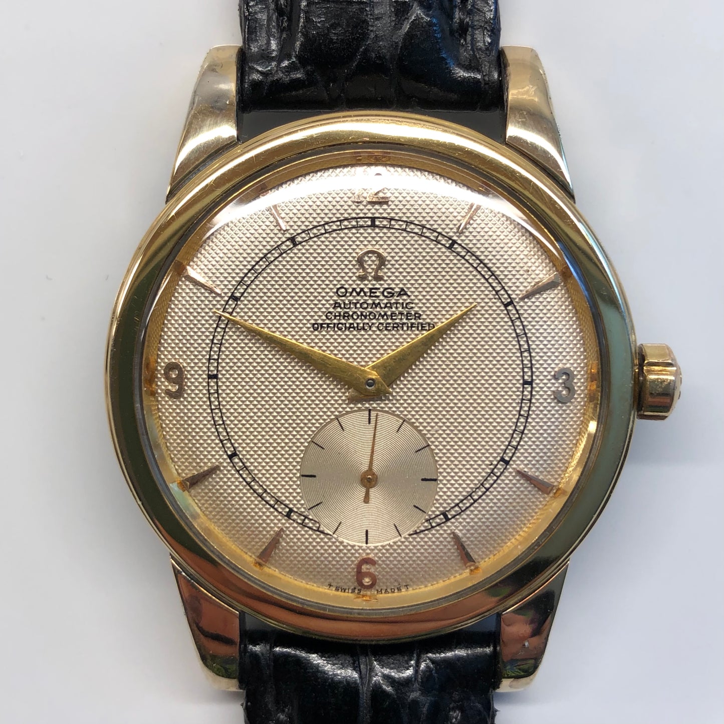 1947 Omega 2493-1 Chronometer Gold Cap Waffle Dial Caliber 333 Automatic Dress 36mm Wristwatch - HASHTAGWATCHCO