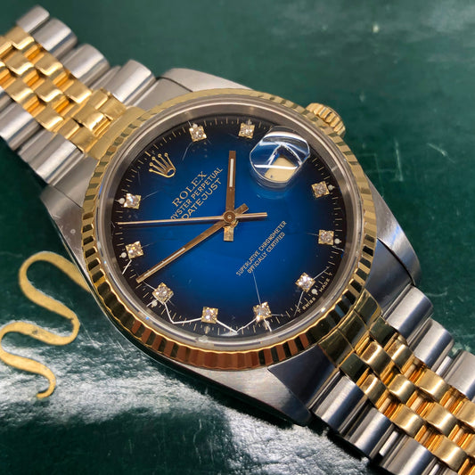 1989 Rolex Datejust 16233 Two Tone Blue Vignette Diamond Dial Jubilee Automatic Wristwatch - HASHTAGWATCHCO