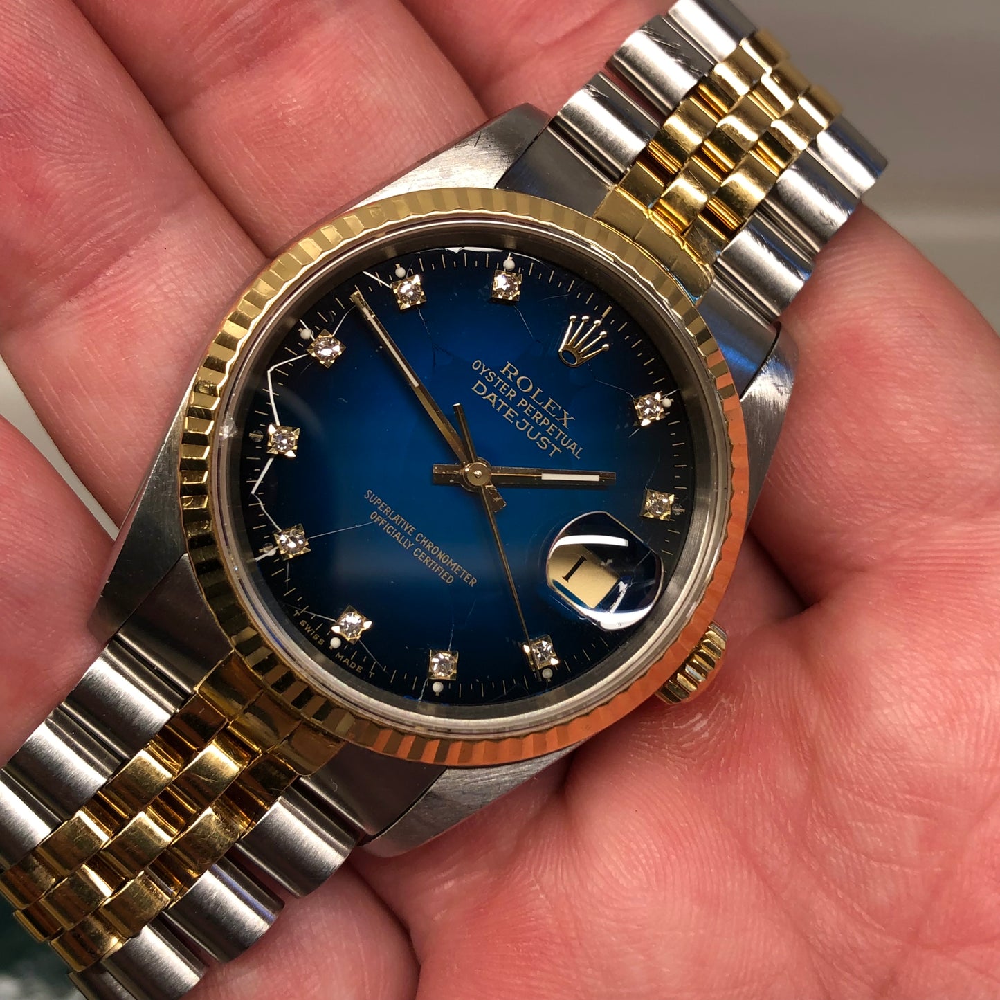 1989 Rolex Datejust 16233 Two Tone Blue Vignette Diamond Dial Jubilee Automatic Wristwatch - HASHTAGWATCHCO