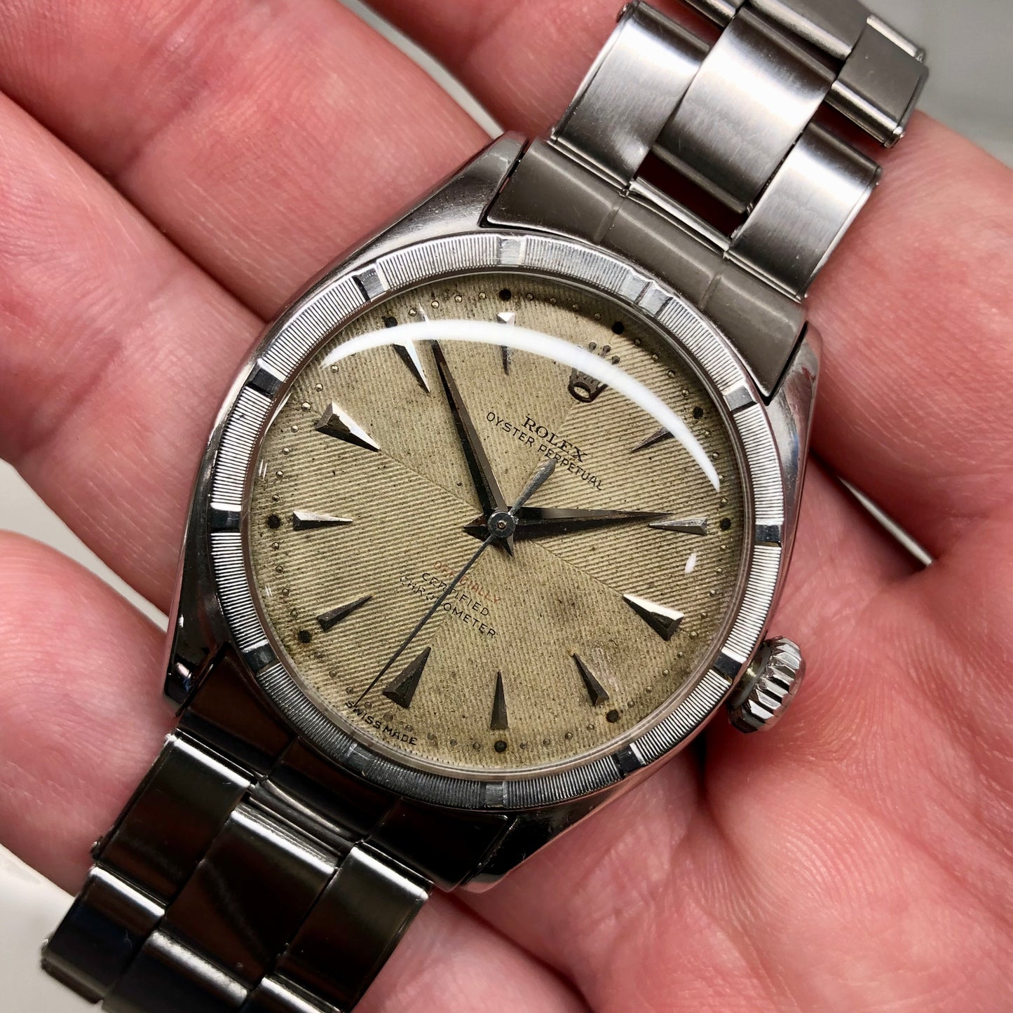 1953 Rolex Oyster Perpetual 6103 Stainless Steel Red OCC Chevron Dial Chronometer Automatic Wristwatch - HASHTAGWATCHCO
