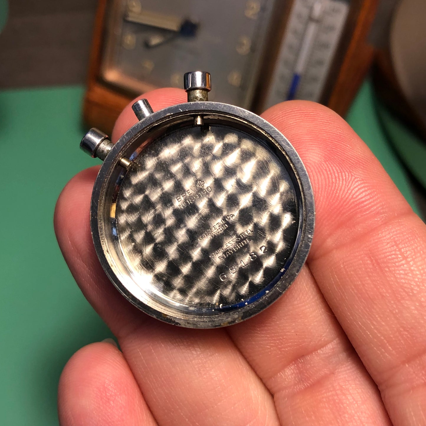 1940s Gallet Flying Officer Truman Black Dial Steel Clamshell Chronograph Valjoux 150 Wristwatch - HASHTAGWATCHCO