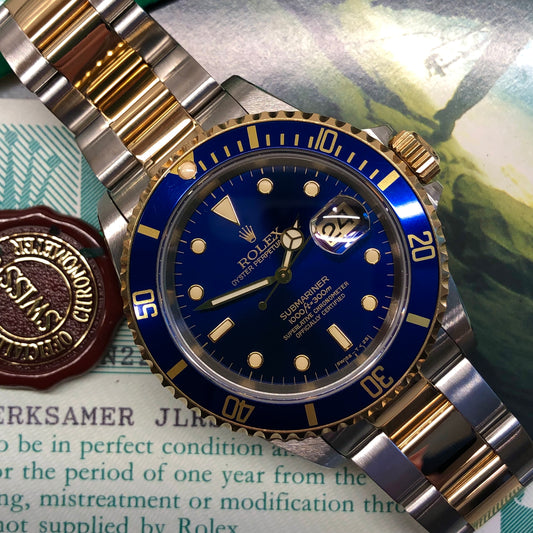 1991 Rolex Submariner 16613 Blue Purple Two Tone Oyster Steel 18K Gold Wristwatch with Box and Papers - HASHTAGWATCHCO