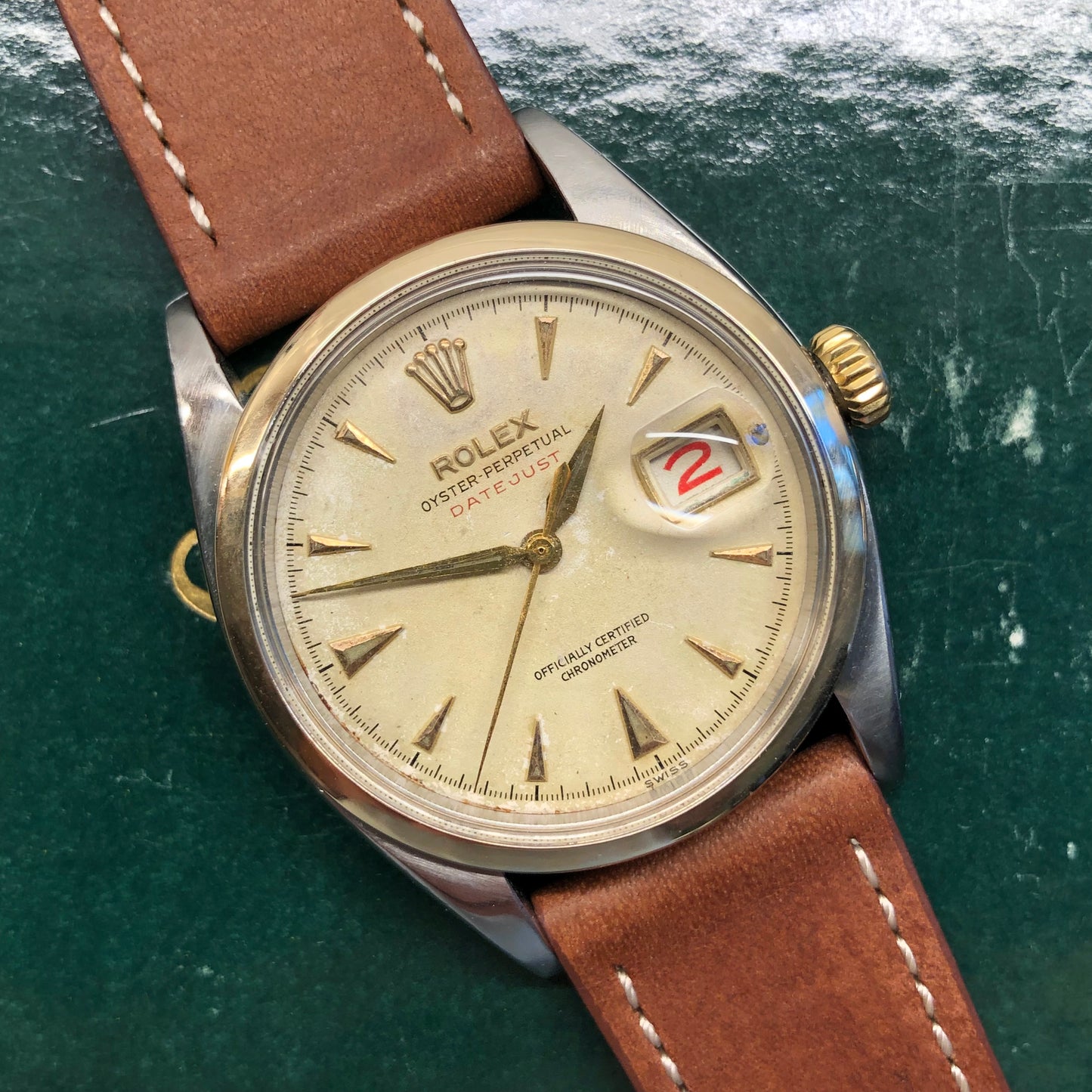 1953 Rolex Red Datejust 6304 Roulette Date Wheel Two Tone Steel Automatic Wristwatch - HASHTAGWATCHCO