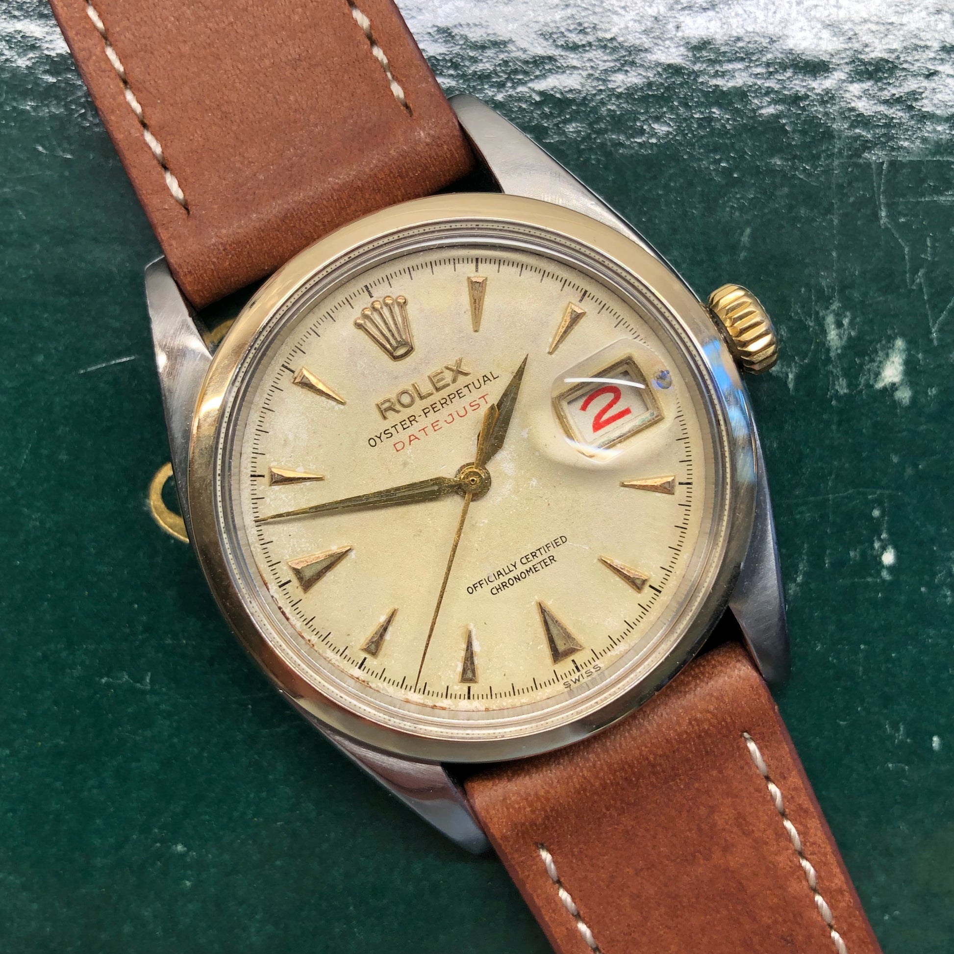 1953 Rolex Red Datejust 6304 Roulette Date Wheel Two Tone Steel Automatic Wristwatch - HASHTAGWATCHCO