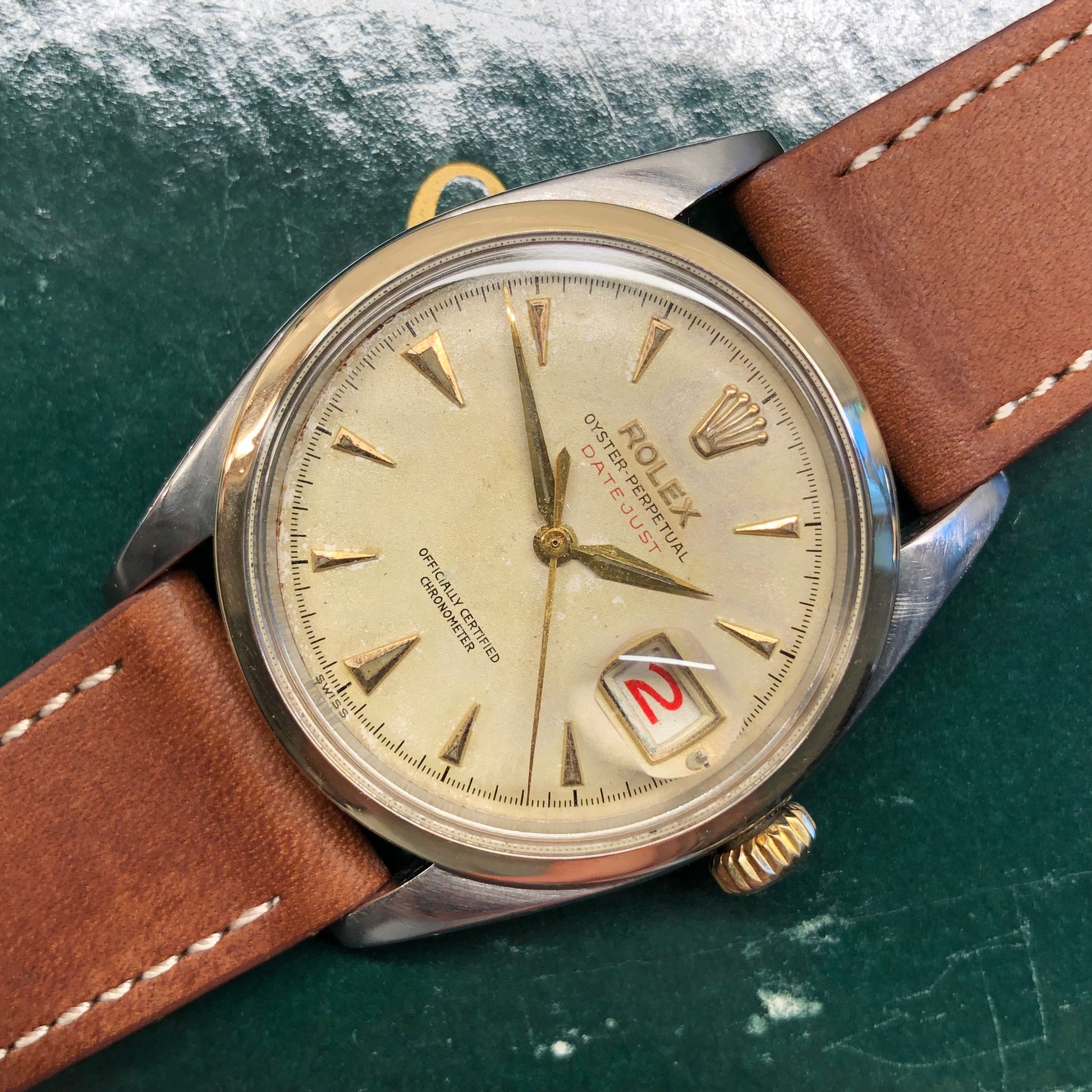 1953 Rolex Red Datejust 6304 Roulette Date Wheel Two Tone Steel Automatic Wristwatch - HASHTAGWATCHCO