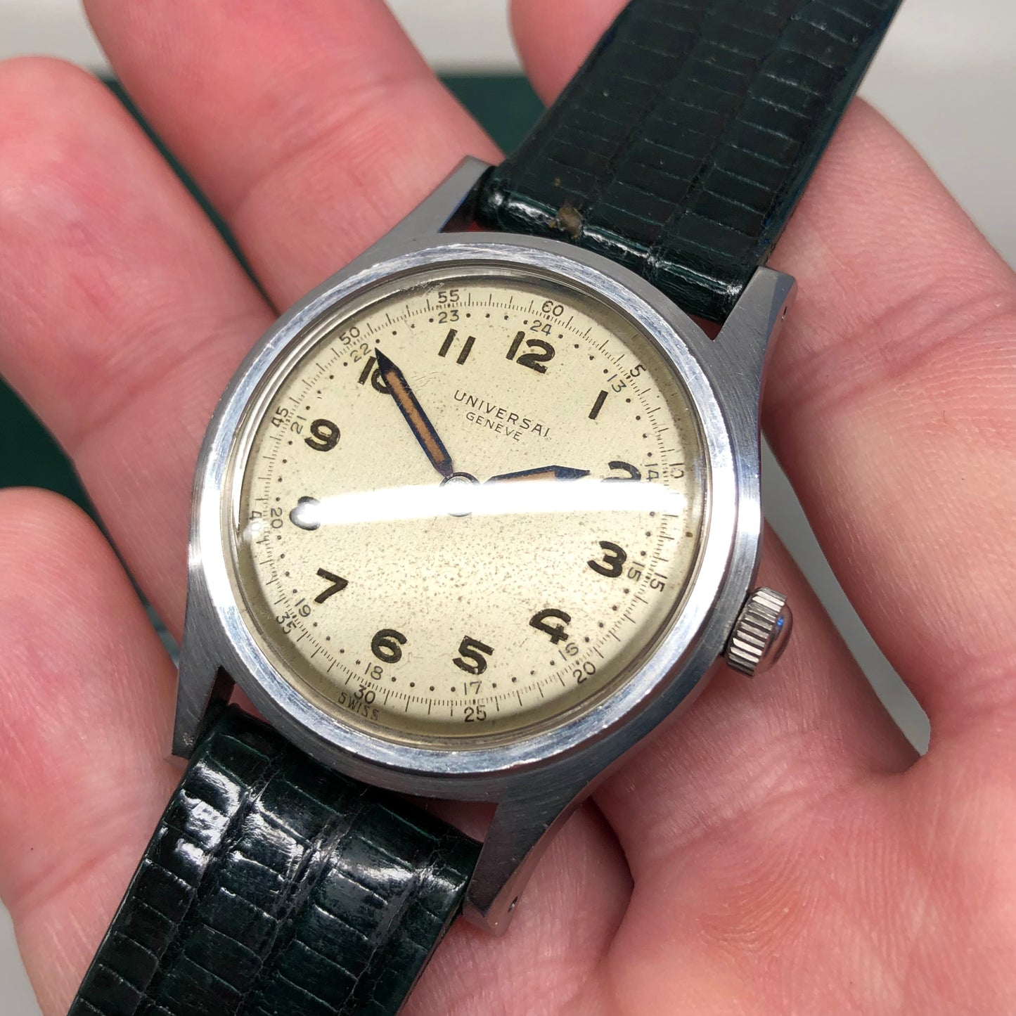 1940s Universal Geneve 20506 Radium Multiscale Dial Faceted Steel Case Caliber 267 Wristwatch - HASHTAGWATCHCO