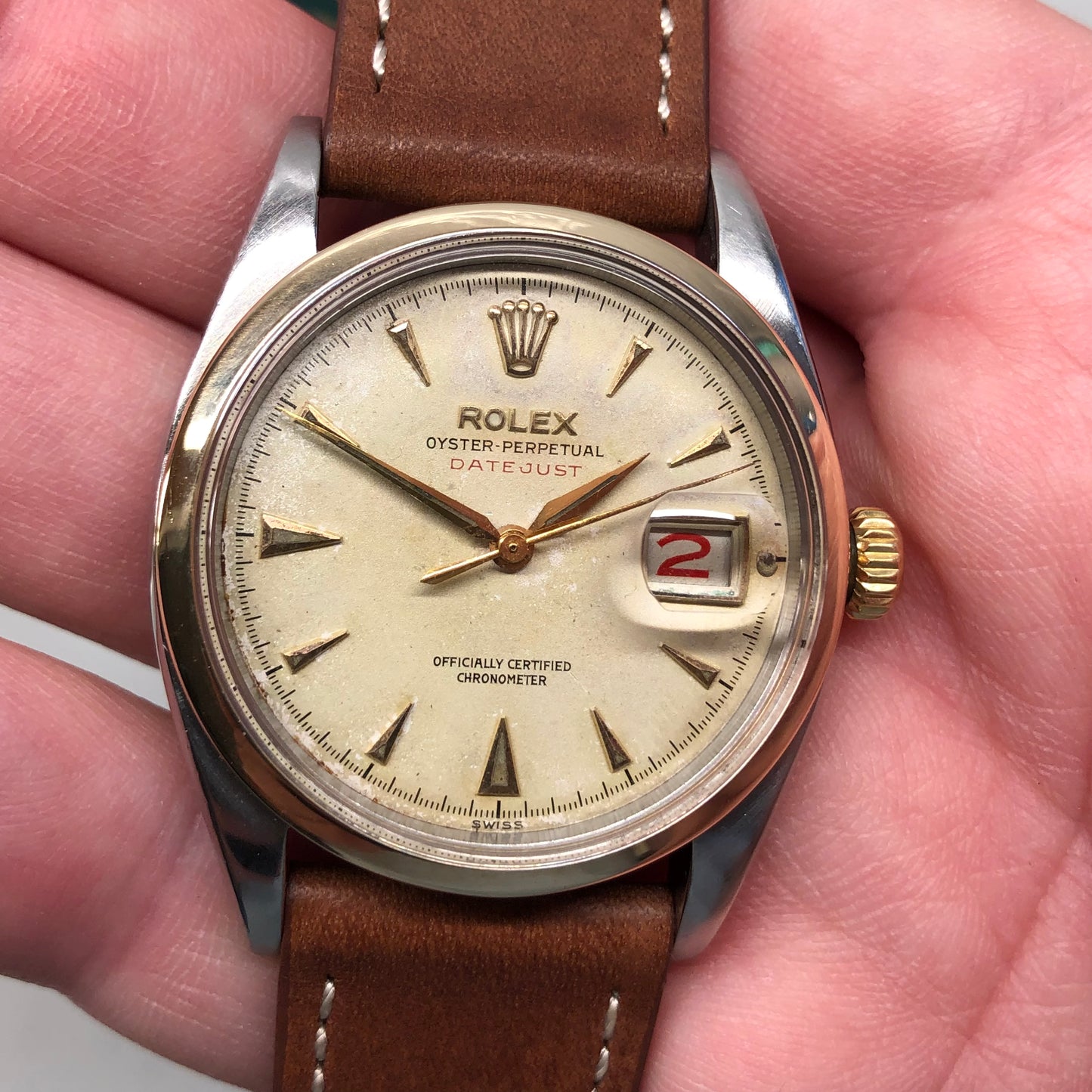 1953 Rolex Red Datejust 6304 Roulette Date Wheel Two Tone Steel Automatic Wristwatch - HASHTAGWATCHCO