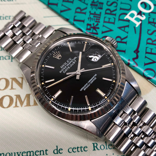 1985 Rolex Datejust 16014 Black Dial Jubilee Fluted Bezel Wristwatch with Papers - HASHTAGWATCHCO
