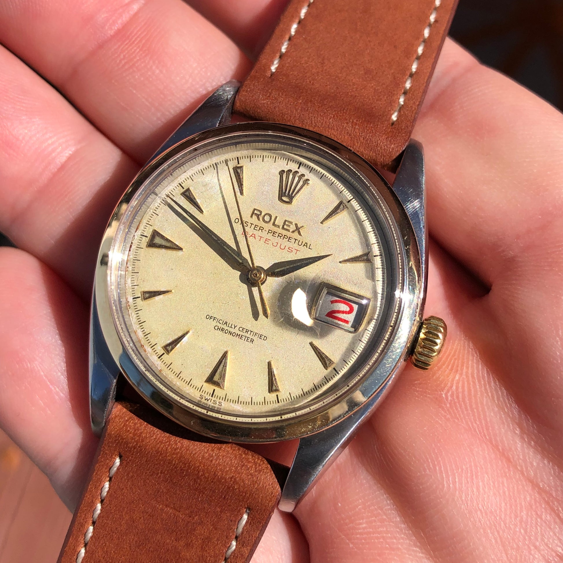 1953 Rolex Red Datejust 6304 Roulette Date Wheel Two Tone Steel Automatic Wristwatch - HASHTAGWATCHCO