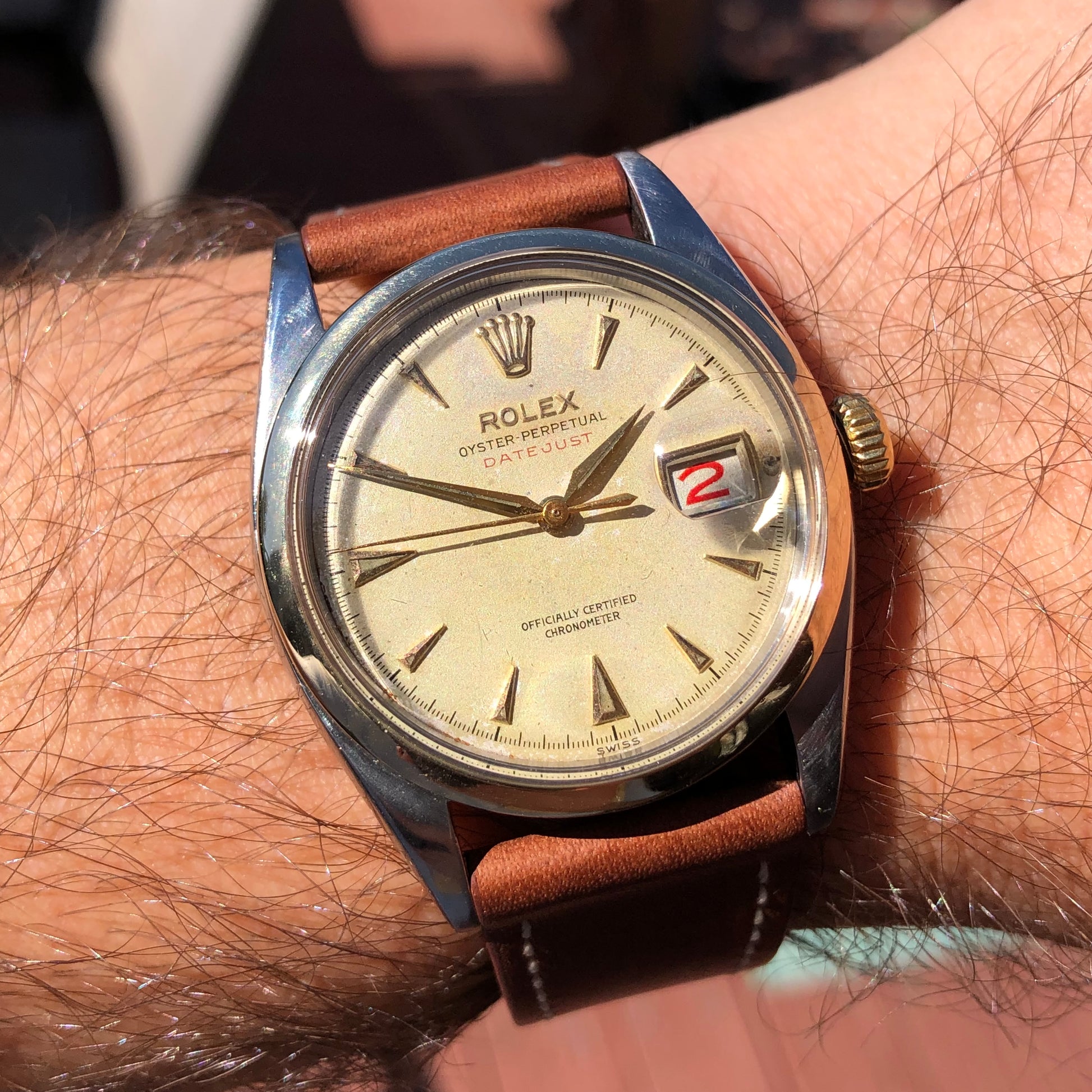 1953 Rolex Red Datejust 6304 Roulette Date Wheel Two Tone Steel Automatic Wristwatch - HASHTAGWATCHCO