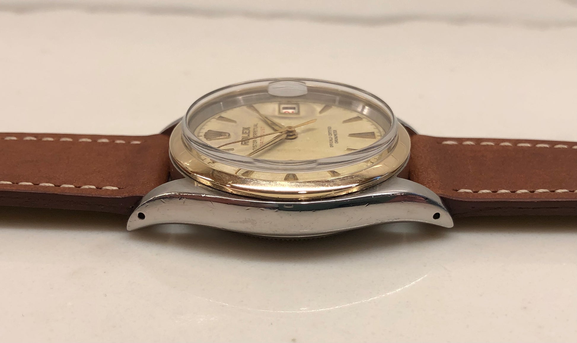 1953 Rolex Red Datejust 6304 Roulette Date Wheel Two Tone Steel Automatic Wristwatch - HASHTAGWATCHCO