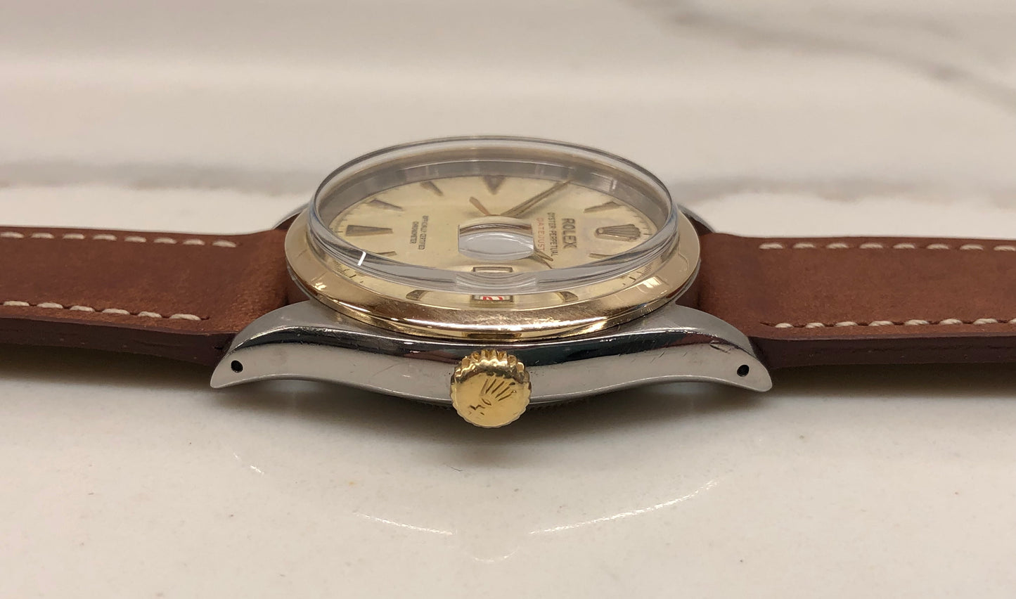 1953 Rolex Red Datejust 6304 Roulette Date Wheel Two Tone Steel Automatic Wristwatch - HASHTAGWATCHCO