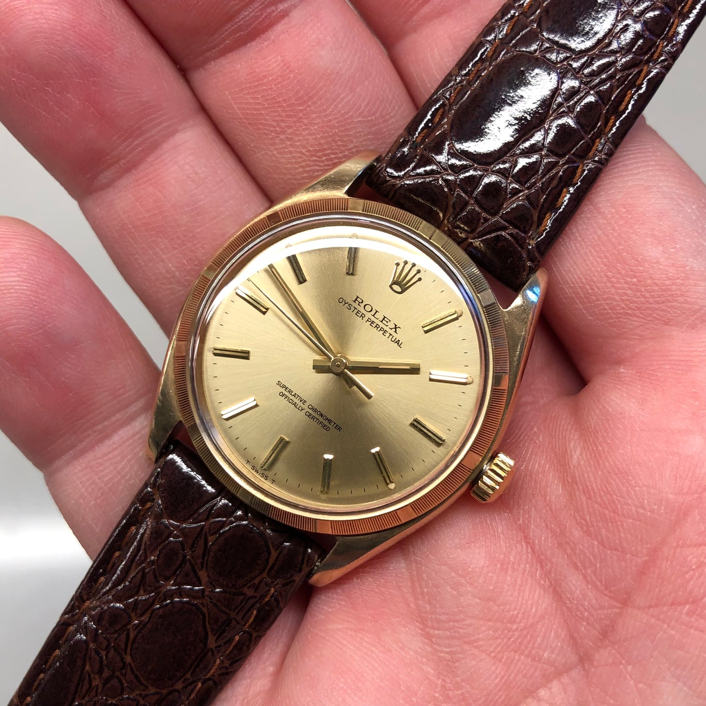 1961 Rolex Oyster Perpetual 1003 9k Yellow Gold English Chronometer Engine Turned Wristwatch - HASHTAGWATCHCO