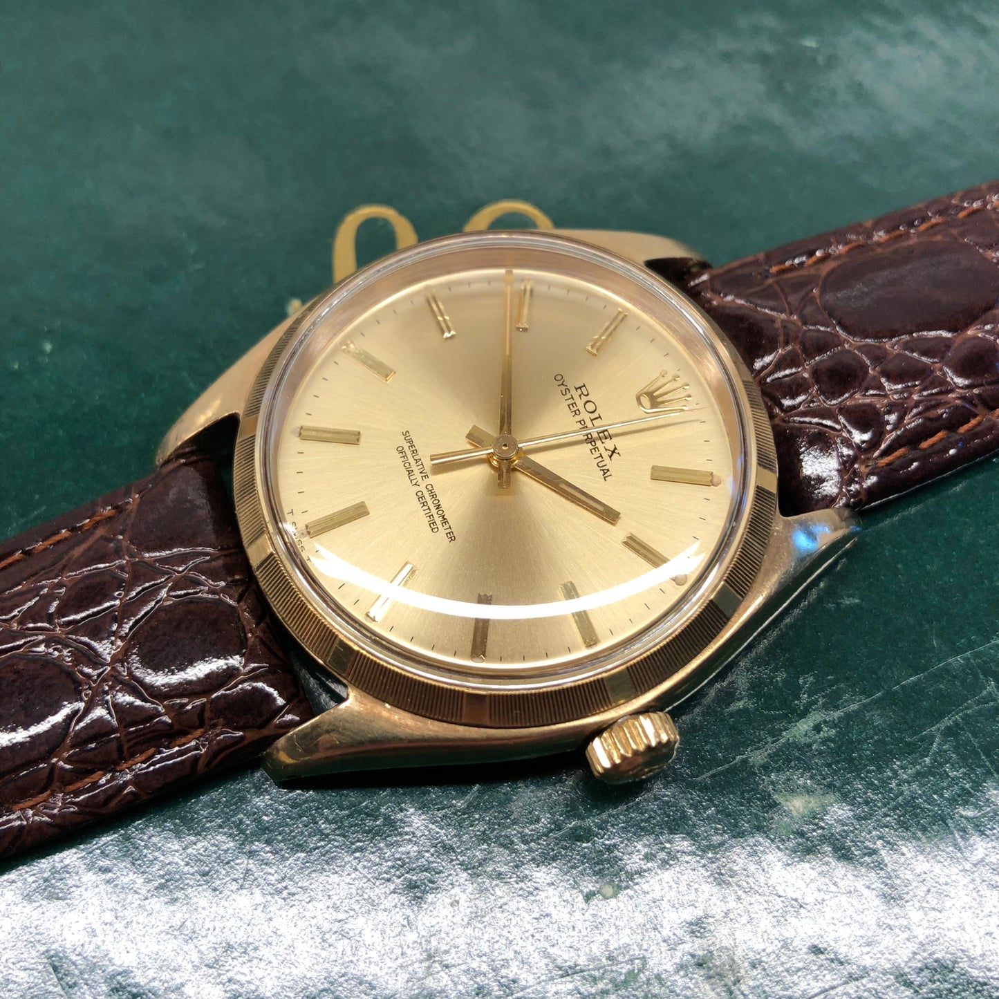 1961 Rolex Oyster Perpetual 1003 9k Yellow Gold English Chronometer Engine Turned Wristwatch - HASHTAGWATCHCO