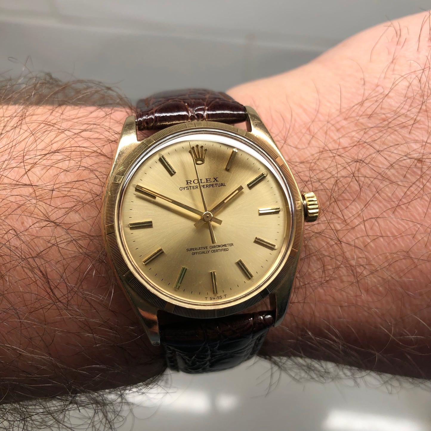 1961 Rolex Oyster Perpetual 1003 9k Yellow Gold English Chronometer Engine Turned Wristwatch - HASHTAGWATCHCO