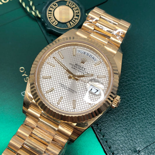 2022 Rolex President Day Date 228238 18K Yellow Gold Silver Motif Wristwatch with Box and Papers - HASHTAGWATCHCO