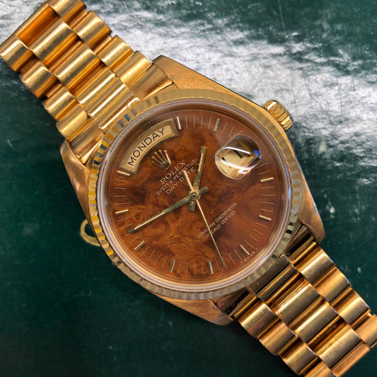 1980 Rolex President Day Date 18038 Birch Burlwood Dial Wristwatch with Papers - HASHTAGWATCHCO