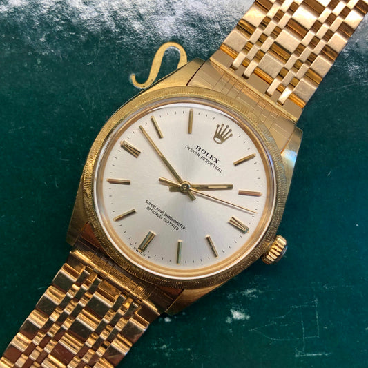 1973 Rolex Oyster Perpetual 1035 18K Yellow Gold Florentine Bezel Automatic Wristwatch - HASHTAGWATCHCO