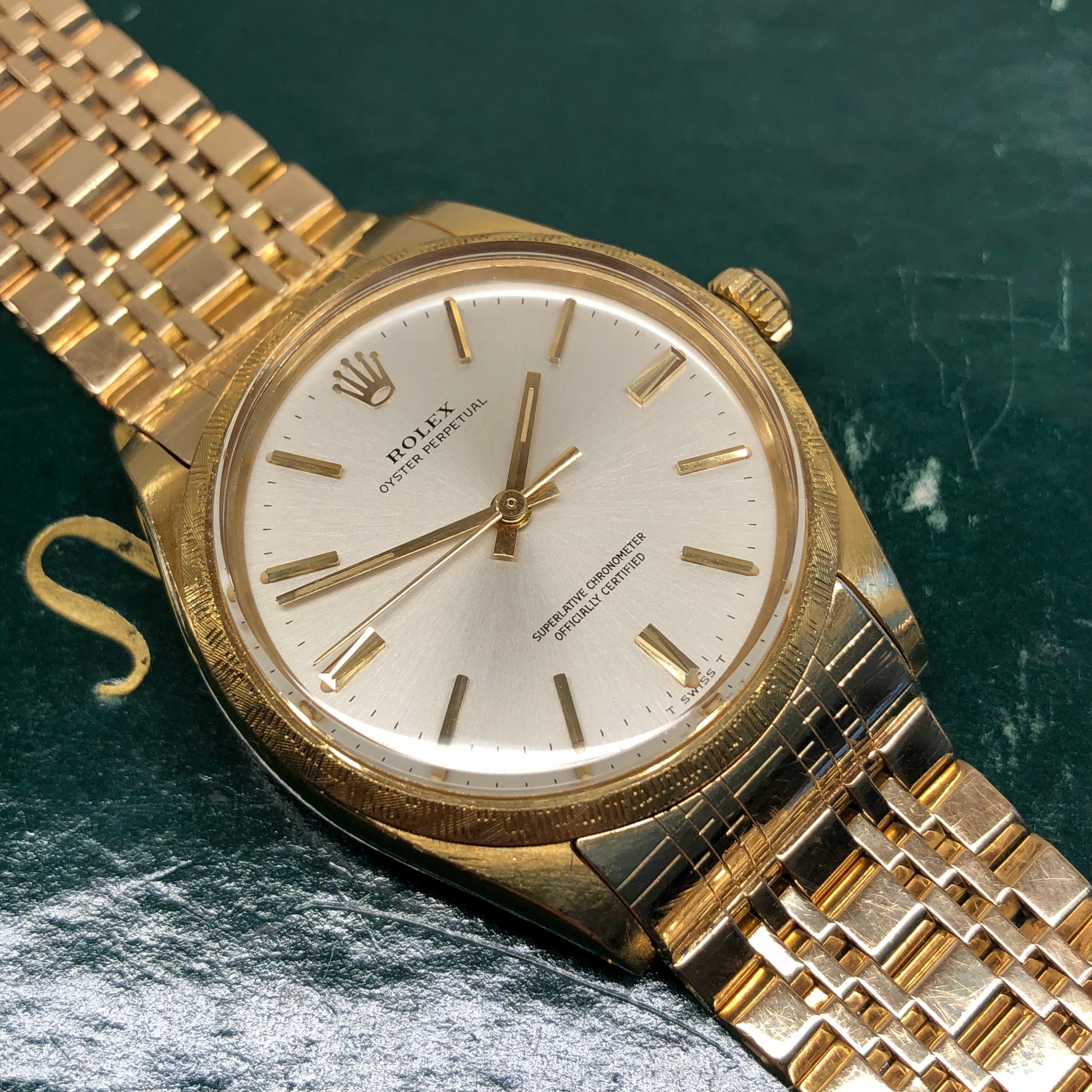1973 Rolex Oyster Perpetual 1035 18K Yellow Gold Florentine Bezel Automatic Wristwatch - HASHTAGWATCHCO