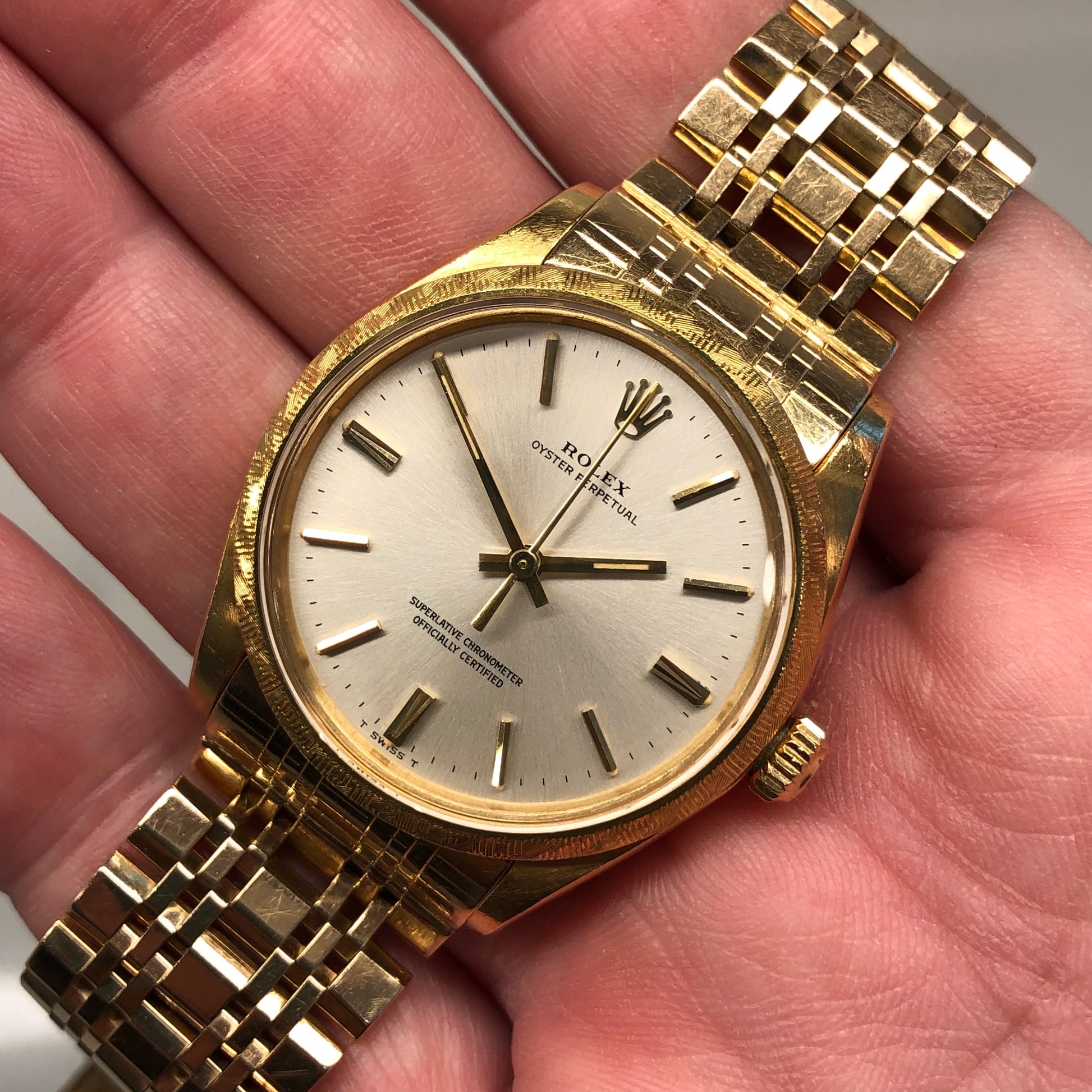 1973 Rolex Oyster Perpetual 1035 18K Yellow Gold Florentine Bezel Automatic Wristwatch - HASHTAGWATCHCO