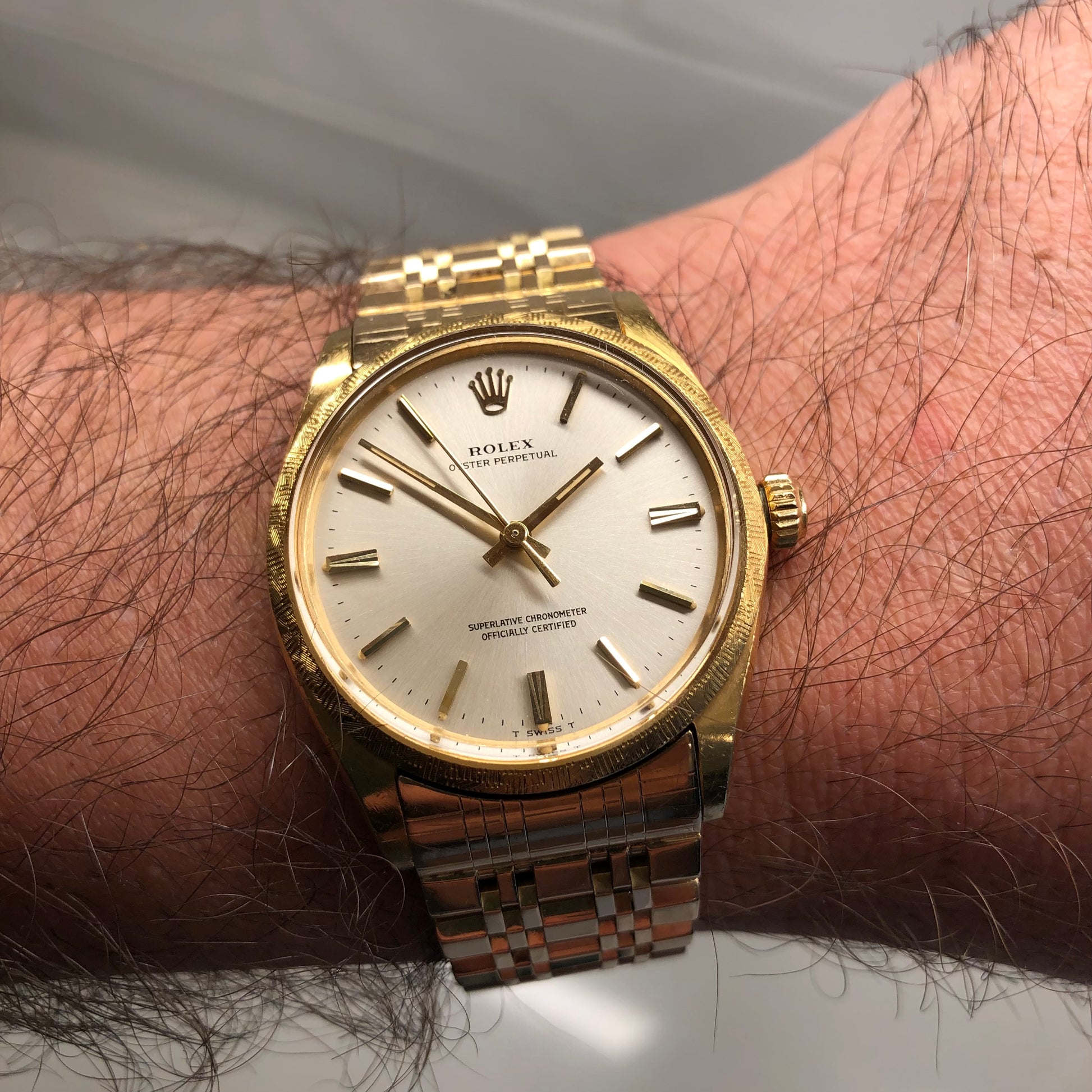 1973 Rolex Oyster Perpetual 1035 18K Yellow Gold Florentine Bezel Automatic Wristwatch - HASHTAGWATCHCO