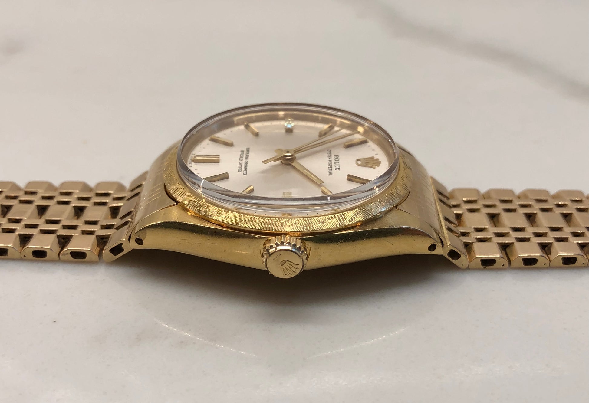 1973 Rolex Oyster Perpetual 1035 18K Yellow Gold Florentine Bezel Automatic Wristwatch - HASHTAGWATCHCO
