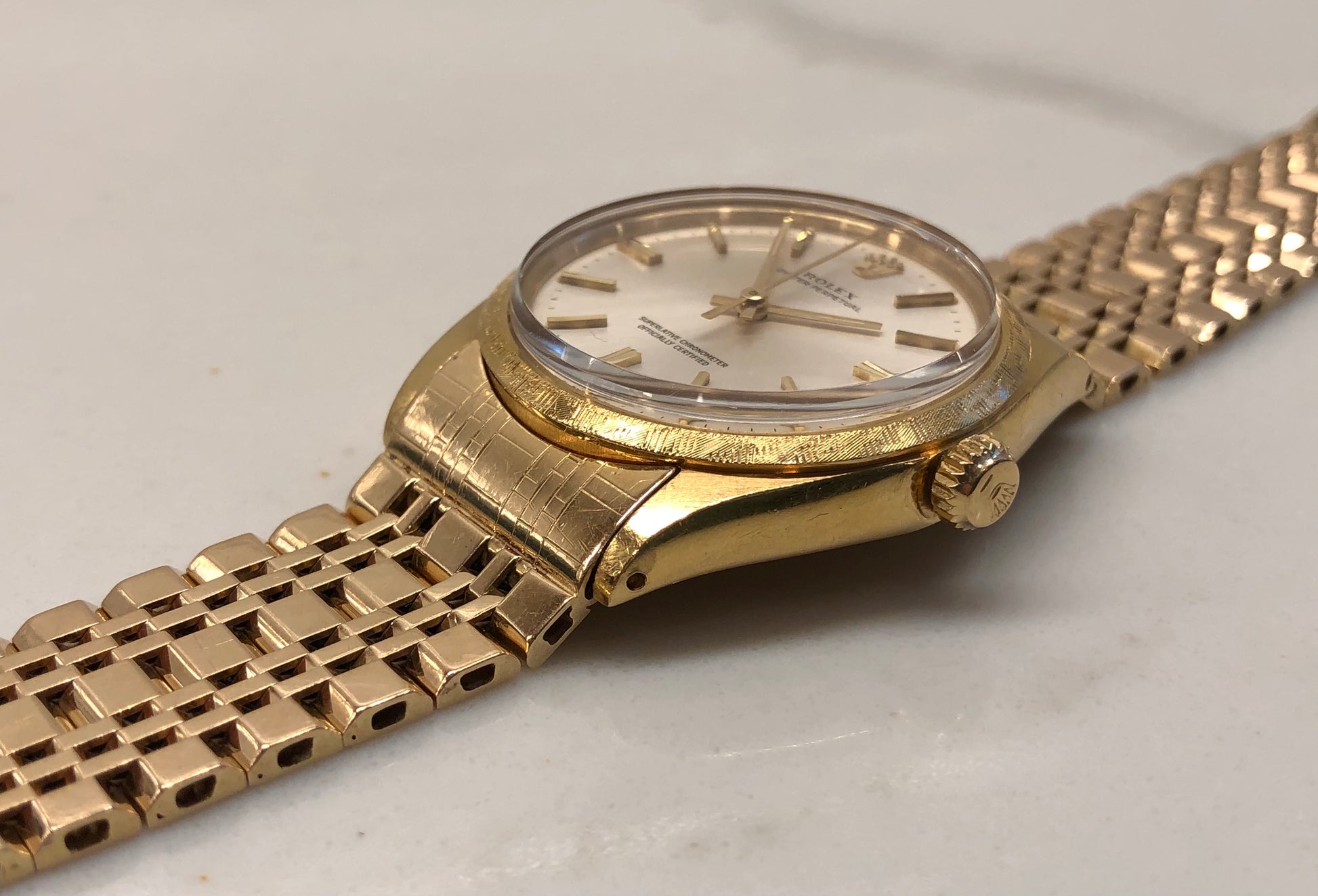 1973 Rolex Oyster Perpetual 1035 18K Yellow Gold Florentine Bezel Automatic Wristwatch - HASHTAGWATCHCO