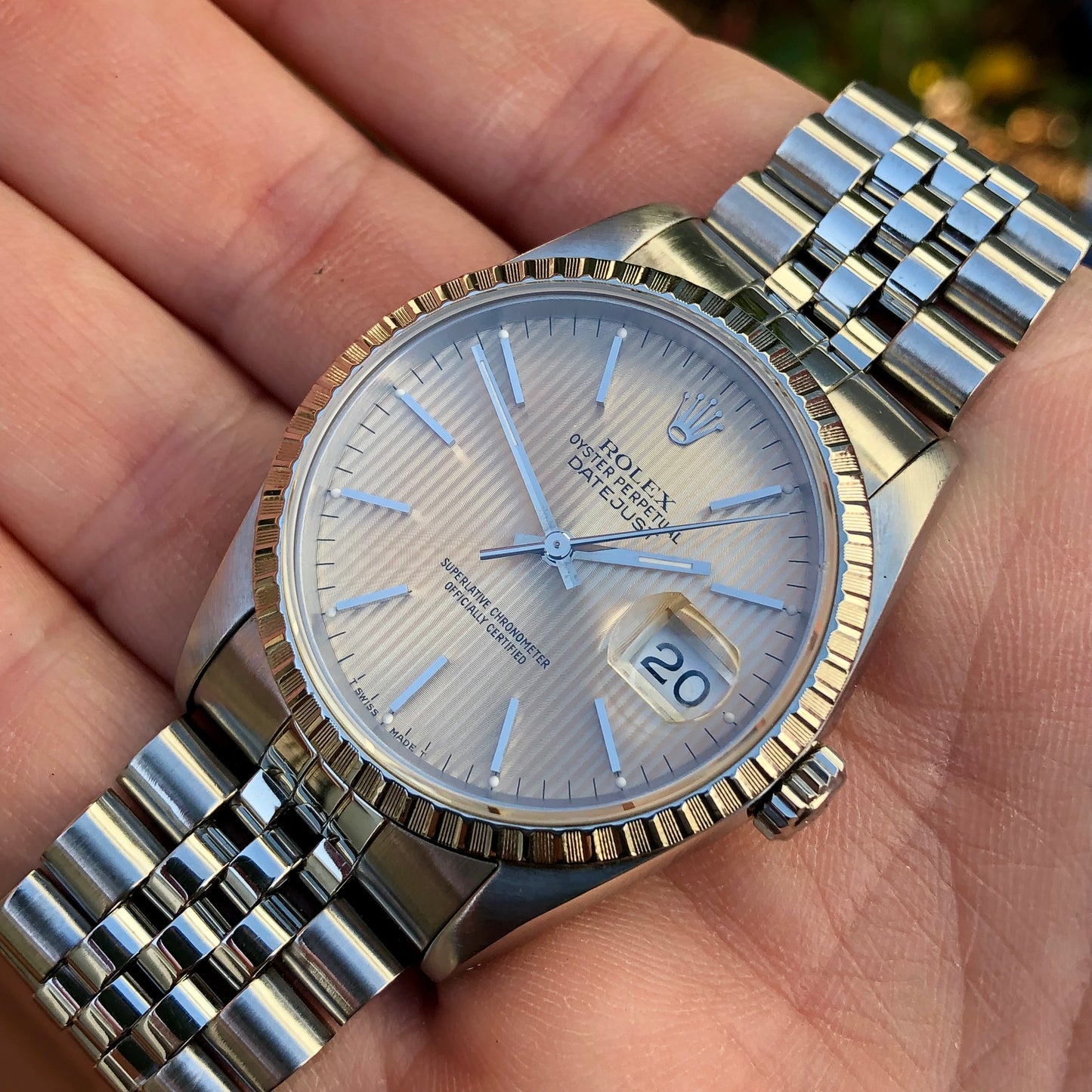 1991 Rolex Datejust 16220 Silver Tapestry Steel Jubilee Wristwatch with Box and Papers - HASHTAGWATCHCO