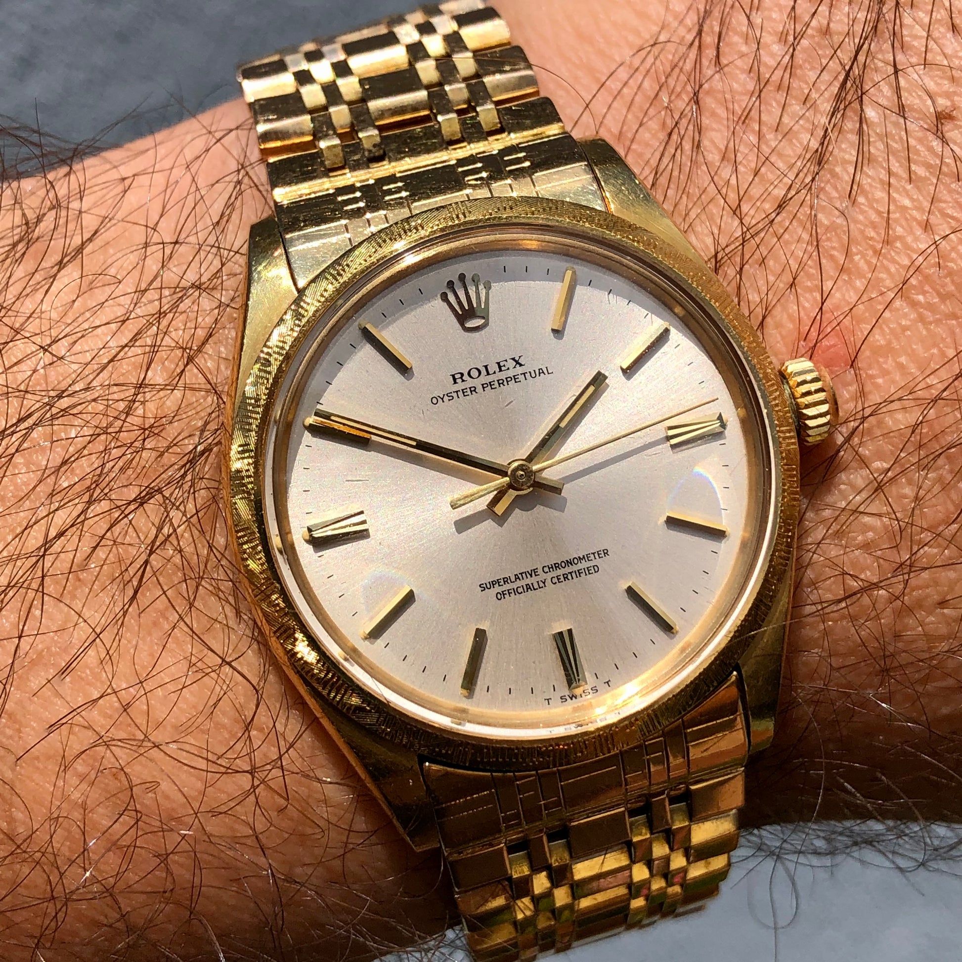 1973 Rolex Oyster Perpetual 1035 18K Yellow Gold Florentine Bezel Automatic Wristwatch - HASHTAGWATCHCO