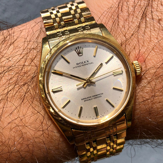 1973 Rolex Oyster Perpetual 1035 18K Yellow Gold Florentine Bezel Automatic Wristwatch - HASHTAGWATCHCO
