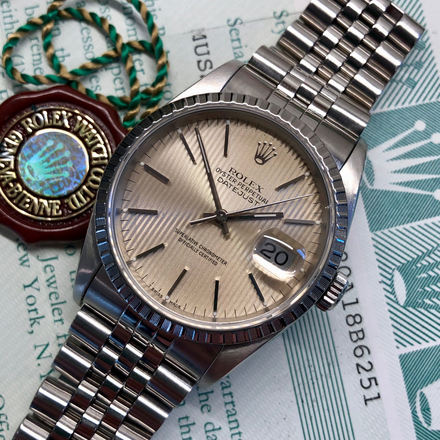 1991 Rolex Datejust 16220 Silver Tapestry Steel Jubilee Wristwatch with Box and Papers - HASHTAGWATCHCO