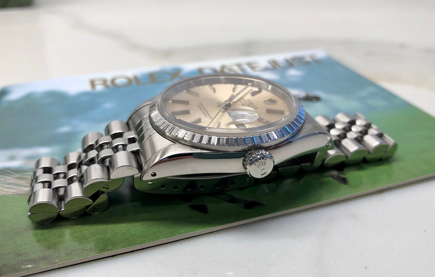 1991 Rolex Datejust 16220 Silver Tapestry Steel Jubilee Wristwatch with Box and Papers - HASHTAGWATCHCO