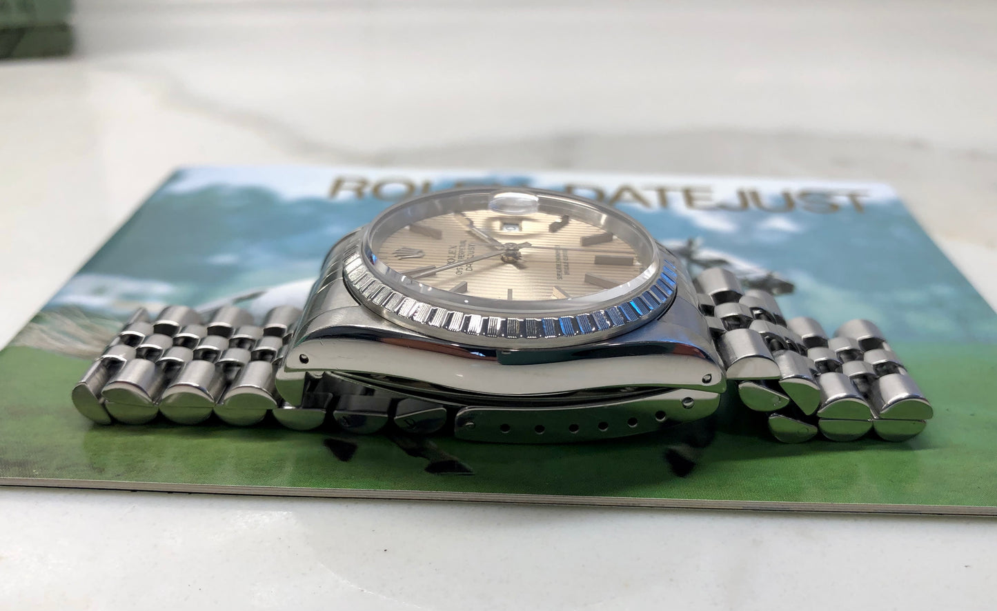 1991 Rolex Datejust 16220 Silver Tapestry Steel Jubilee Wristwatch with Box and Papers - HASHTAGWATCHCO