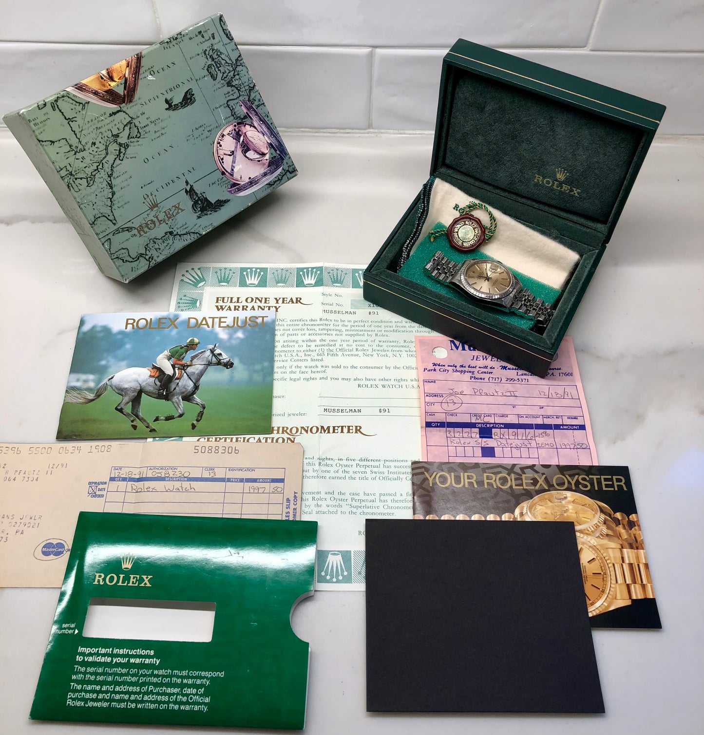 1991 Rolex Datejust 16220 Silver Tapestry Steel Jubilee Wristwatch with Box and Papers - HASHTAGWATCHCO