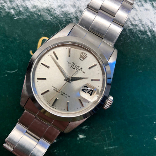 1965 Rolex Date 1500 Oyster Perpetual Silver Arrow Steel Automatic Wristwatch