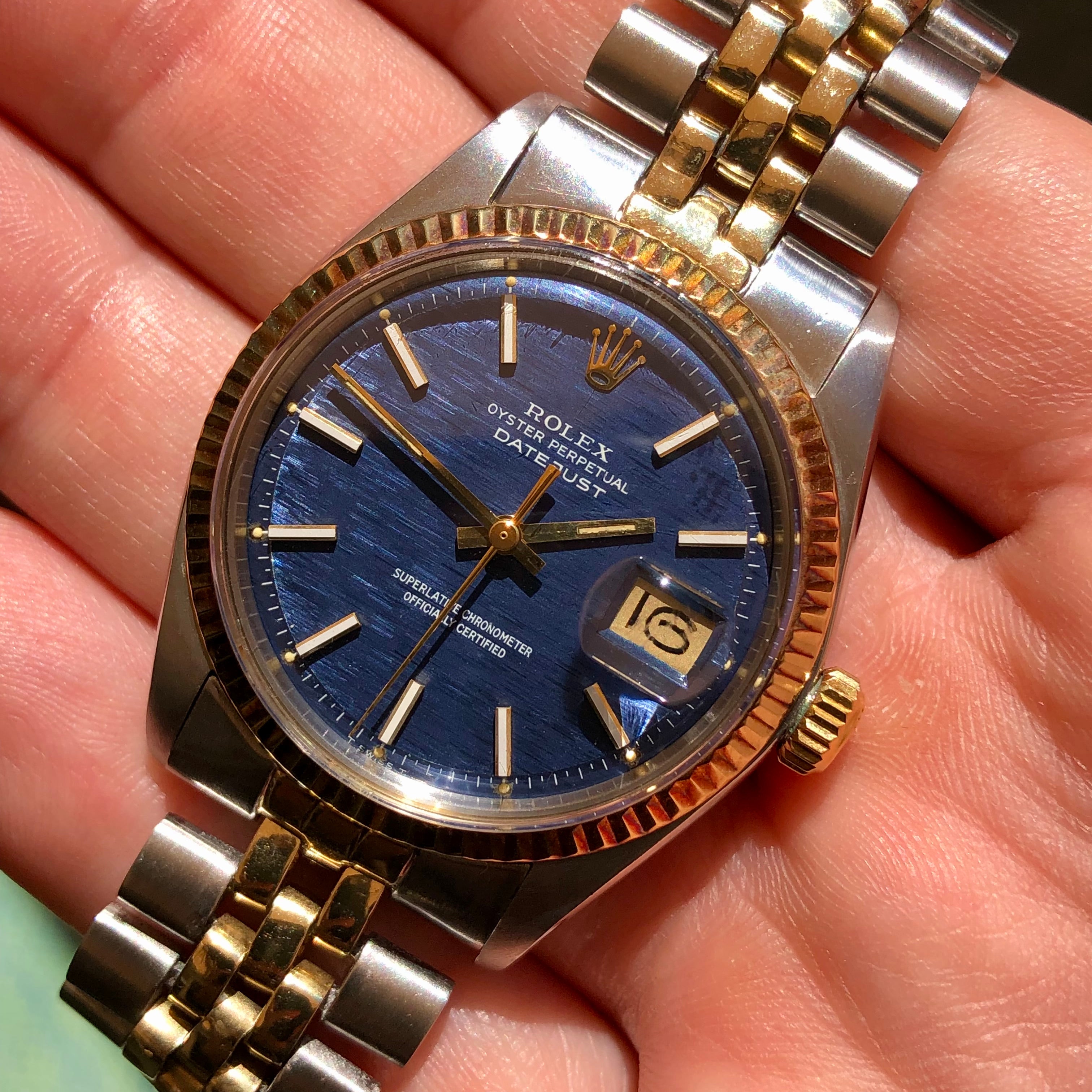 1972 Rolex Datejust 1601 Blue Mosaic Dial Two Tone Jubilee Fluted